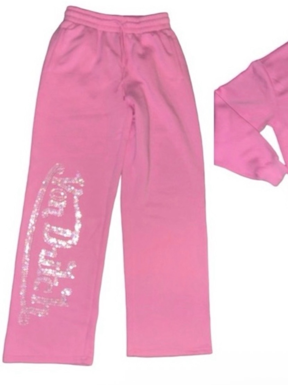 VON DUTCH BLING PINK FLEECE TRACKSUIT SWEATSUIT PANTS CLEAR RHINESTONE LOGO NWT